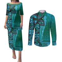 Samoan Pacific Tribal Flower Geometric Art Tattoos Couples Matching Puletasi and Long Sleeve Button Shirt Siapo Pattern Turquoise Tide - Polynesian Pride