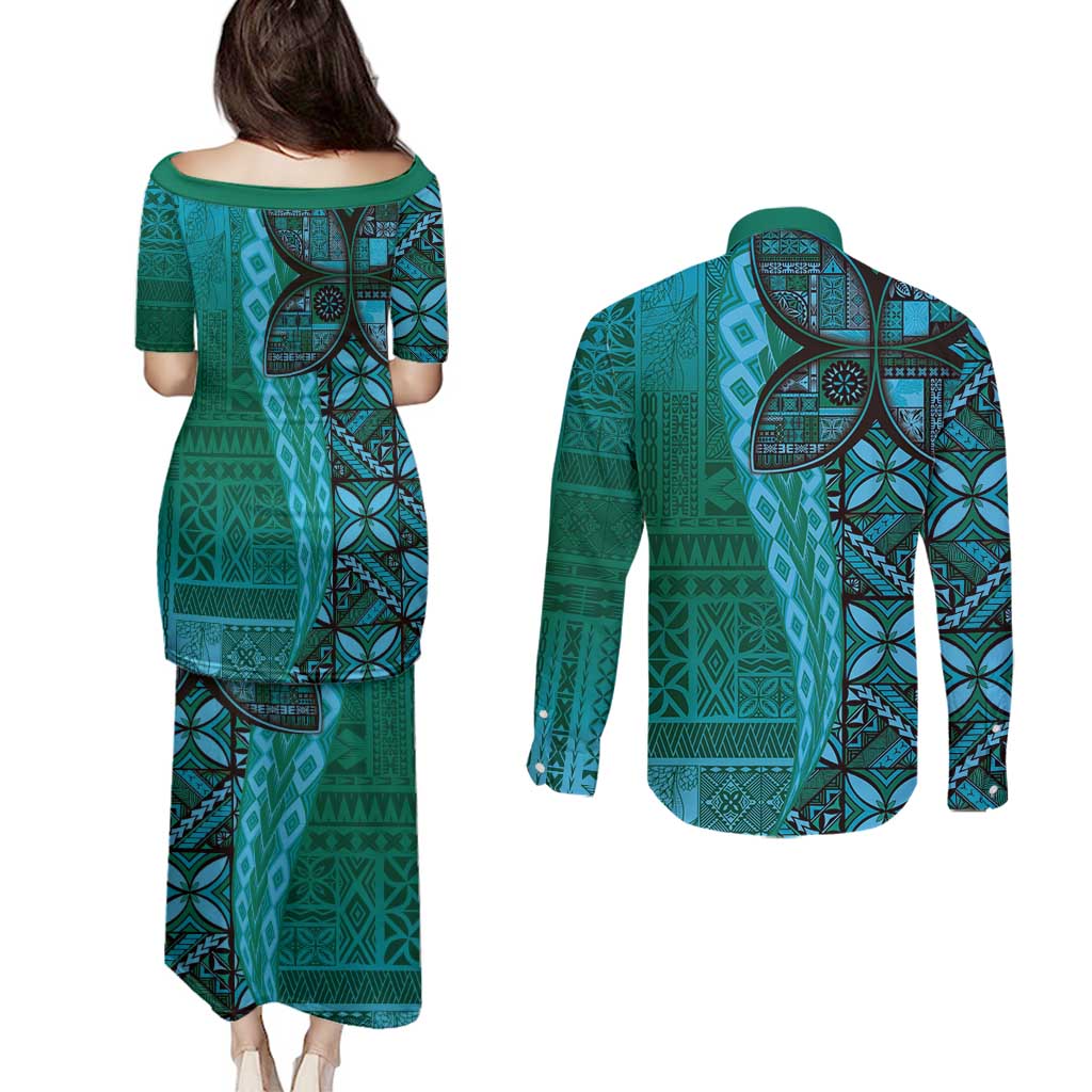 Samoan Pacific Tribal Flower Geometric Art Tattoos Couples Matching Puletasi and Long Sleeve Button Shirt Siapo Pattern Turquoise Tide - Polynesian Pride