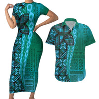 Samoan Pacific Tribal Flower Geometric Art Tattoos Couples Matching Short Sleeve Bodycon Dress and Hawaiian Shirt Siapo Pattern Turquoise Tide LT03 Turquoise - Polynesian Pride