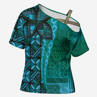 Samoan Pacific Tribal Flower Geometric Art Tattoos Cross Shoulder Shirt Siapo Pattern Turquoise Tide - Polynesian Pride
