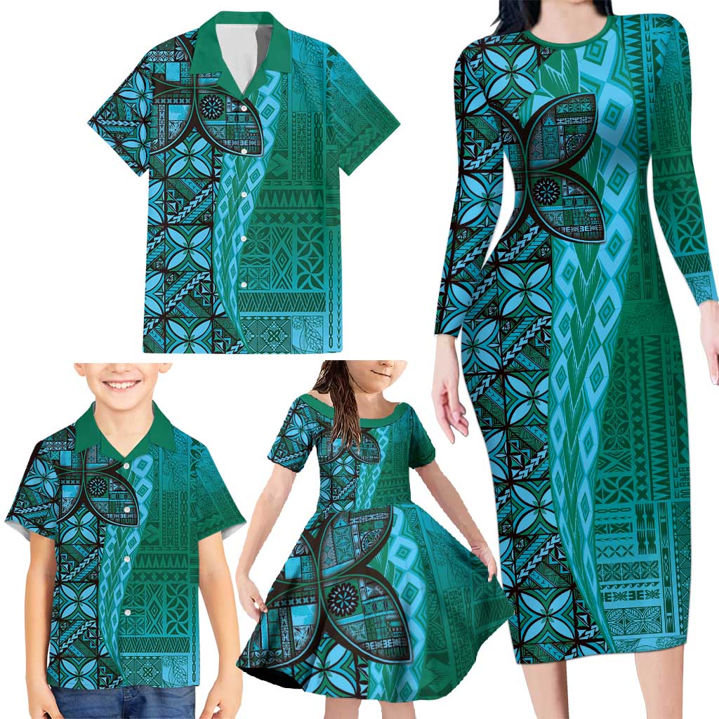Samoan Pacific Tribal Flower Geometric Art Tattoos Family Matching Long Sleeve Bodycon Dress and Hawaiian Shirt Siapo Pattern Turquoise Tide LT03 - Polynesian Pride