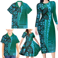 Samoan Pacific Tribal Flower Geometric Art Tattoos Family Matching Long Sleeve Bodycon Dress and Hawaiian Shirt Siapo Pattern Turquoise Tide LT03 - Polynesian Pride