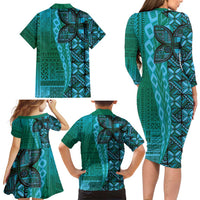 Samoan Pacific Tribal Flower Geometric Art Tattoos Family Matching Long Sleeve Bodycon Dress and Hawaiian Shirt Siapo Pattern Turquoise Tide LT03 - Polynesian Pride
