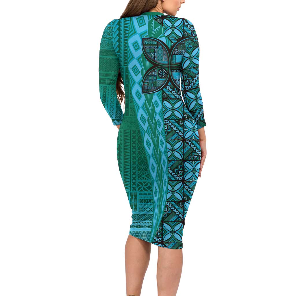 Samoan Pacific Tribal Flower Geometric Art Tattoos Family Matching Long Sleeve Bodycon Dress and Hawaiian Shirt Siapo Pattern Turquoise Tide LT03 - Polynesian Pride