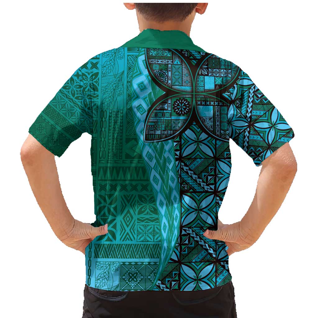 Samoan Pacific Tribal Flower Geometric Art Tattoos Family Matching Mermaid Dress and Hawaiian Shirt Siapo Pattern Turquoise Tide LT03 - Polynesian Pride