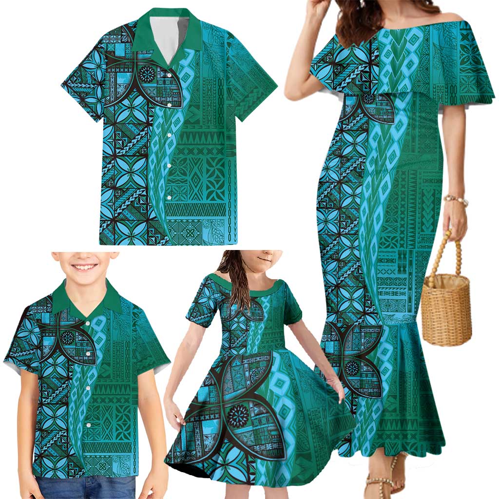 Samoan Pacific Tribal Flower Geometric Art Tattoos Family Matching Mermaid Dress and Hawaiian Shirt Siapo Pattern Turquoise Tide LT03 - Polynesian Pride