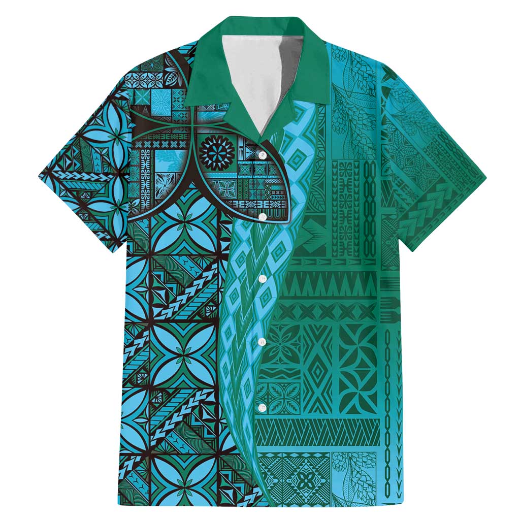 Samoan Pacific Tribal Flower Geometric Art Tattoos Family Matching Mermaid Dress and Hawaiian Shirt Siapo Pattern Turquoise Tide LT03 Dad's Shirt - Short Sleeve Turquoise - Polynesian Pride