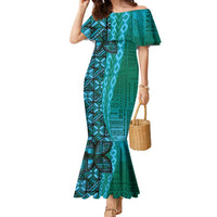 Samoan Pacific Tribal Flower Geometric Art Tattoos Family Matching Mermaid Dress and Hawaiian Shirt Siapo Pattern Turquoise Tide LT03 Mom's Dress Turquoise - Polynesian Pride