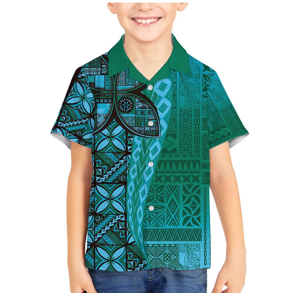 Samoan Pacific Tribal Flower Geometric Art Tattoos Family Matching Mermaid Dress and Hawaiian Shirt Siapo Pattern Turquoise Tide LT03 Son's Shirt Turquoise - Polynesian Pride