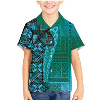 Samoan Pacific Tribal Flower Geometric Art Tattoos Family Matching Mermaid Dress and Hawaiian Shirt Siapo Pattern Turquoise Tide LT03 Son's Shirt Turquoise - Polynesian Pride