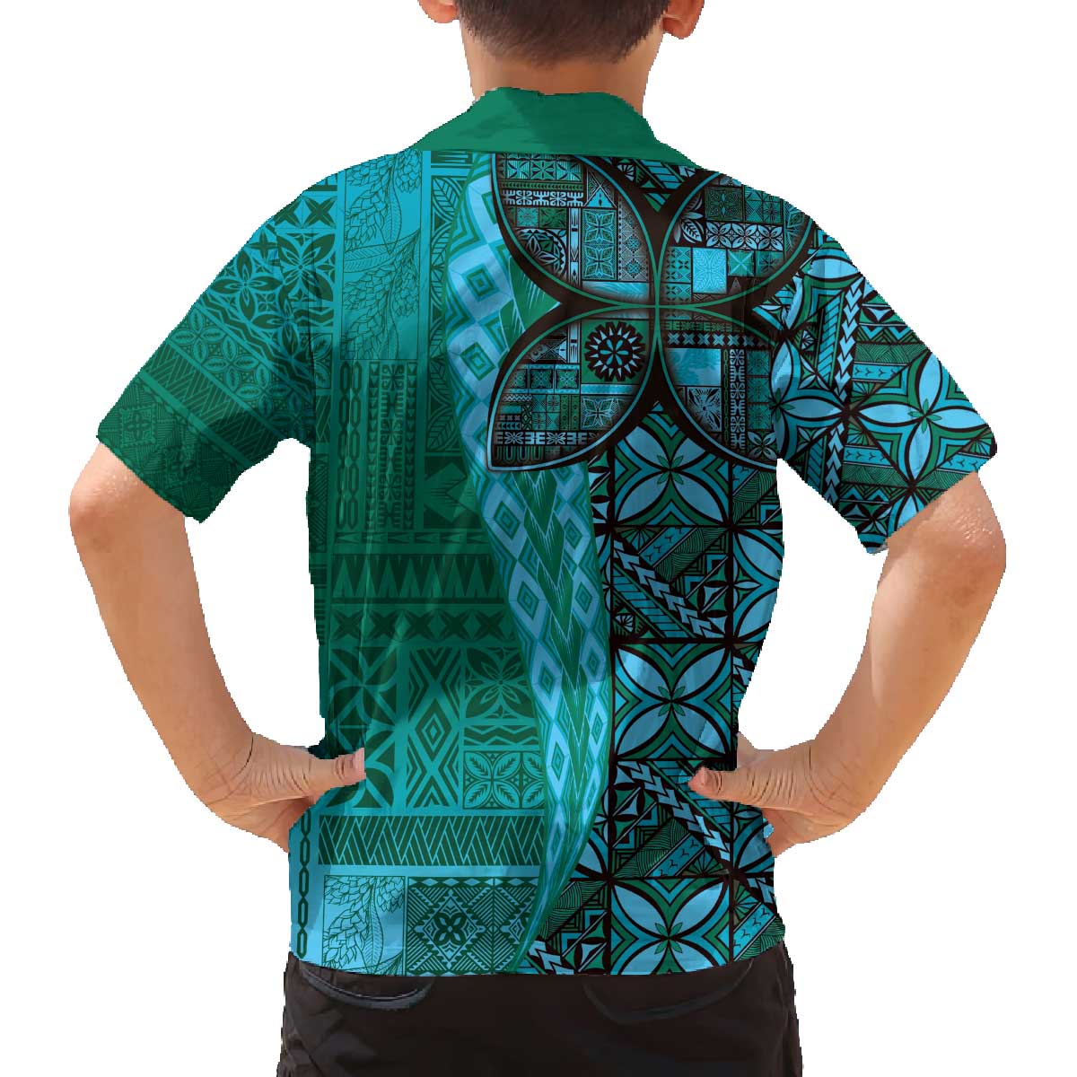 Samoan Pacific Tribal Flower Geometric Art Tattoos Family Matching Off The Shoulder Long Sleeve Dress and Hawaiian Shirt Siapo Pattern Turquoise Tide LT03 - Polynesian Pride