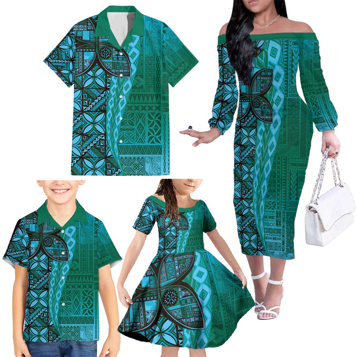Samoan Pacific Tribal Flower Geometric Art Tattoos Family Matching Off The Shoulder Long Sleeve Dress and Hawaiian Shirt Siapo Pattern Turquoise Tide LT03 - Polynesian Pride