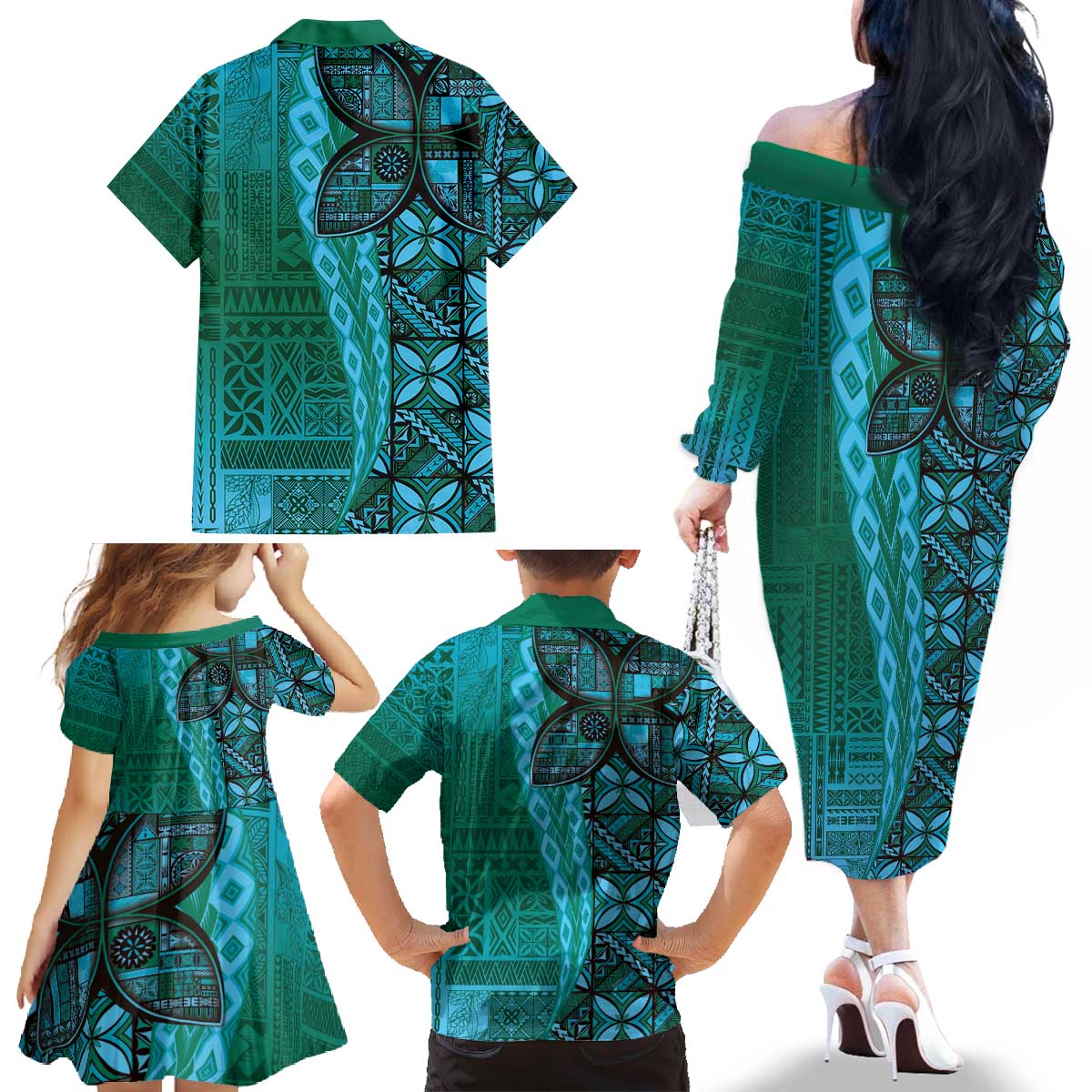 Samoan Pacific Tribal Flower Geometric Art Tattoos Family Matching Off The Shoulder Long Sleeve Dress and Hawaiian Shirt Siapo Pattern Turquoise Tide LT03 - Polynesian Pride