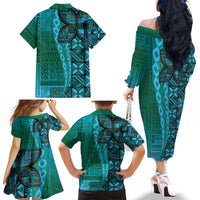 Samoan Pacific Tribal Flower Geometric Art Tattoos Family Matching Off The Shoulder Long Sleeve Dress and Hawaiian Shirt Siapo Pattern Turquoise Tide LT03 - Polynesian Pride
