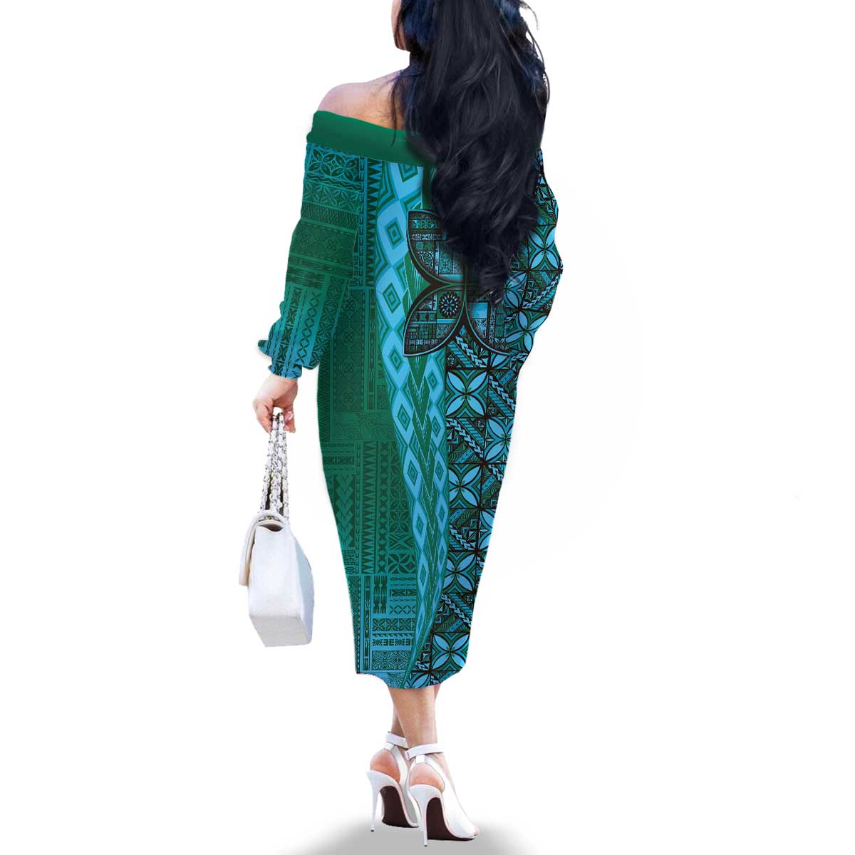 Samoan Pacific Tribal Flower Geometric Art Tattoos Family Matching Off The Shoulder Long Sleeve Dress and Hawaiian Shirt Siapo Pattern Turquoise Tide LT03 - Polynesian Pride