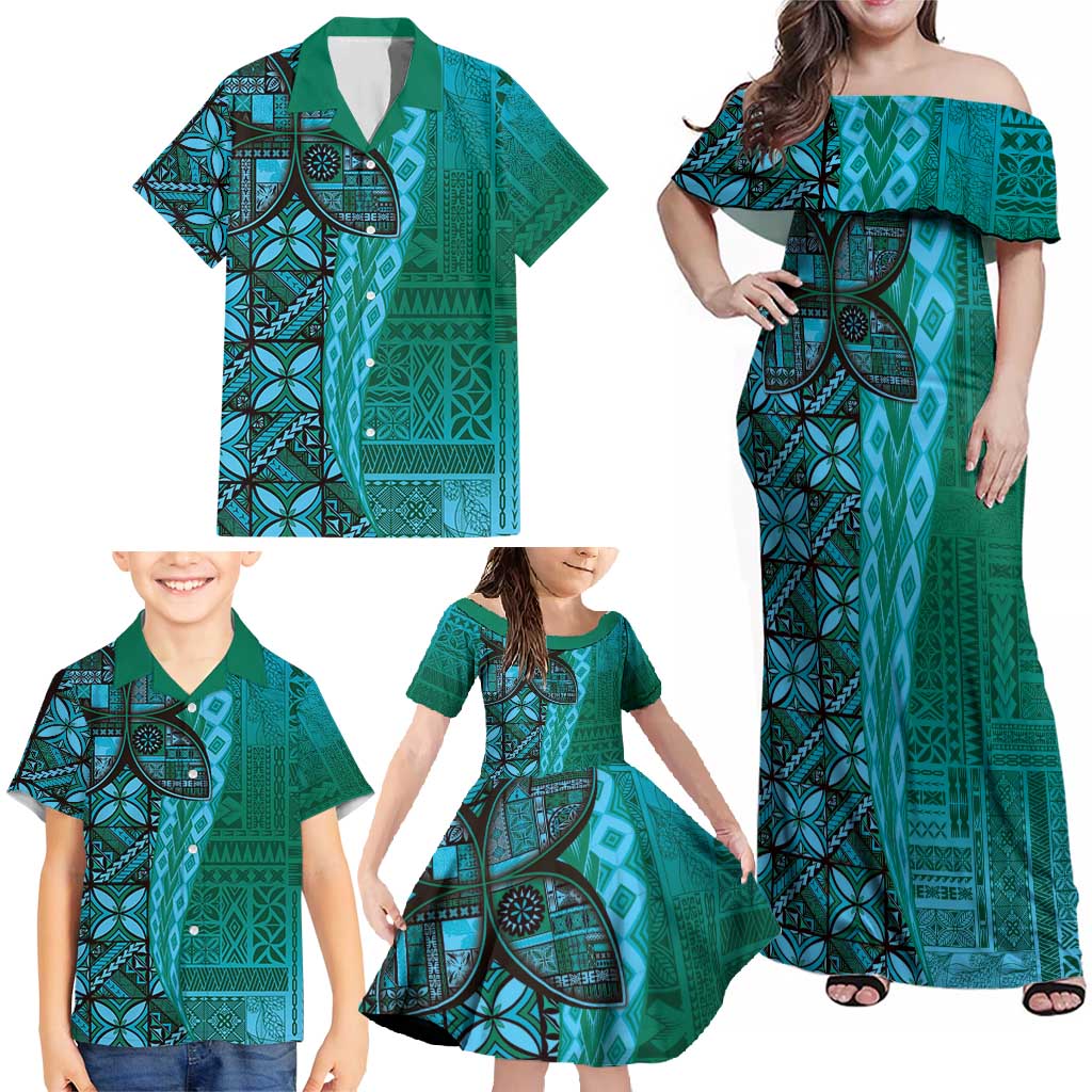 Samoan Pacific Tribal Flower Geometric Art Tattoos Family Matching Off Shoulder Maxi Dress and Hawaiian Shirt Siapo Pattern Turquoise Tide LT03 - Polynesian Pride