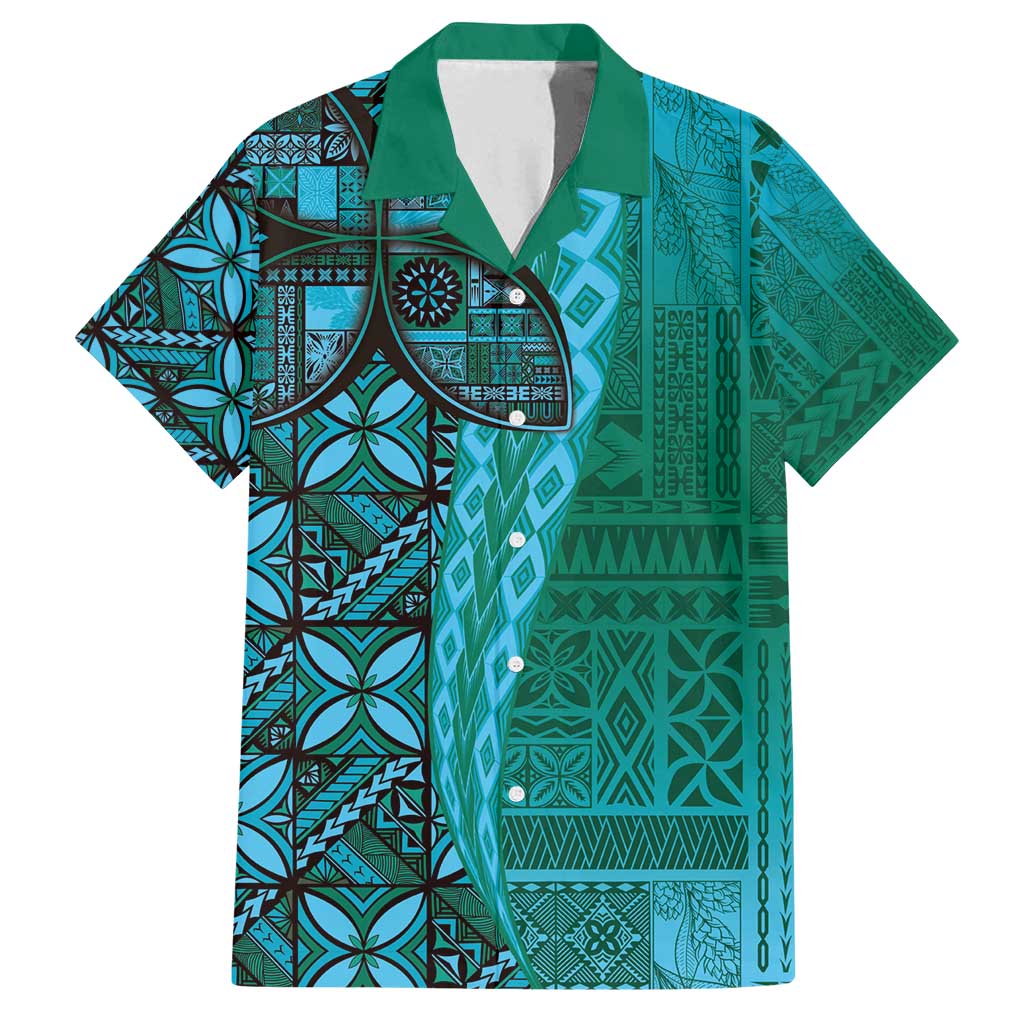 Samoan Pacific Tribal Flower Geometric Art Tattoos Family Matching Off Shoulder Maxi Dress and Hawaiian Shirt Siapo Pattern Turquoise Tide LT03 Dad's Shirt - Short Sleeve Turquoise - Polynesian Pride