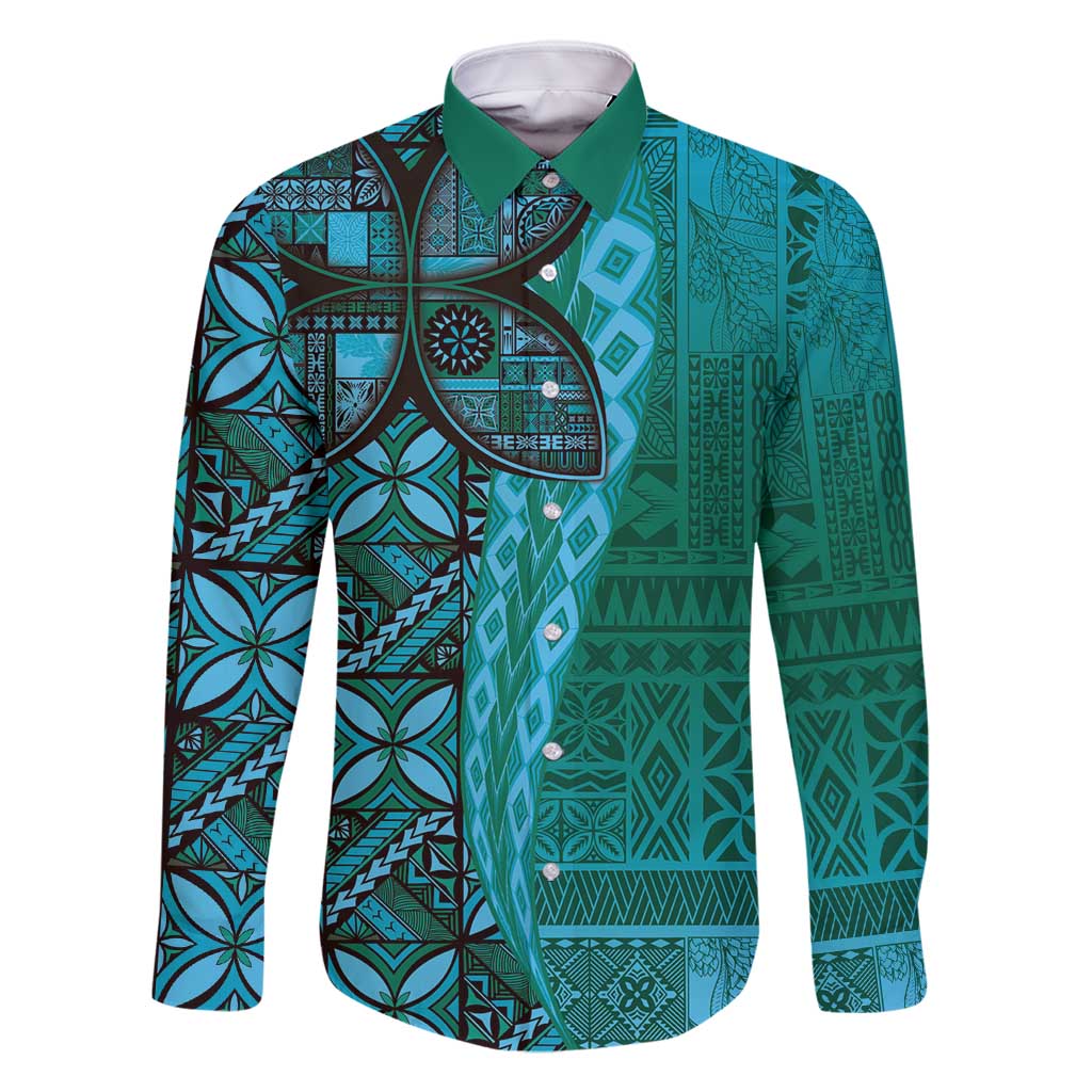 Samoan Pacific Tribal Flower Geometric Art Tattoos Family Matching Off Shoulder Maxi Dress and Hawaiian Shirt Siapo Pattern Turquoise Tide LT03 Dad's Shirt - Long Sleeve Turquoise - Polynesian Pride