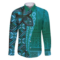 Samoan Pacific Tribal Flower Geometric Art Tattoos Family Matching Off Shoulder Maxi Dress and Hawaiian Shirt Siapo Pattern Turquoise Tide LT03 Dad's Shirt - Long Sleeve Turquoise - Polynesian Pride