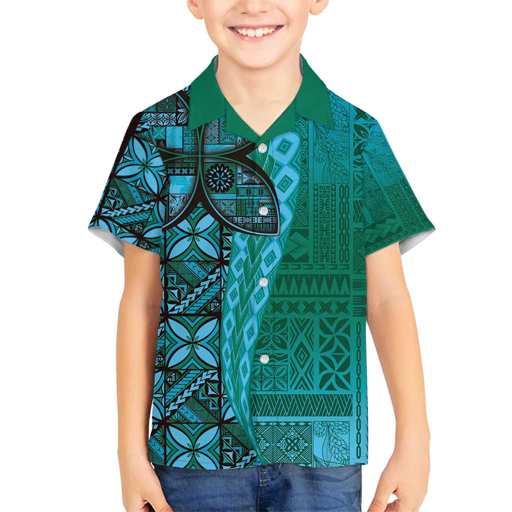 Samoan Pacific Tribal Flower Geometric Art Tattoos Family Matching Off Shoulder Maxi Dress and Hawaiian Shirt Siapo Pattern Turquoise Tide LT03 Son's Shirt Turquoise - Polynesian Pride