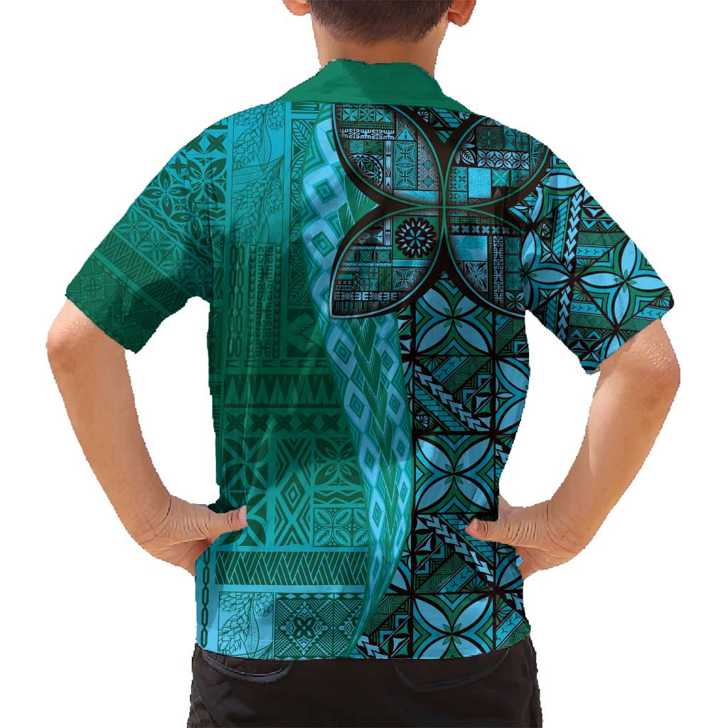 Samoan Pacific Tribal Flower Geometric Art Tattoos Family Matching Off Shoulder Short Dress and Hawaiian Shirt Siapo Pattern Turquoise Tide LT03 - Polynesian Pride