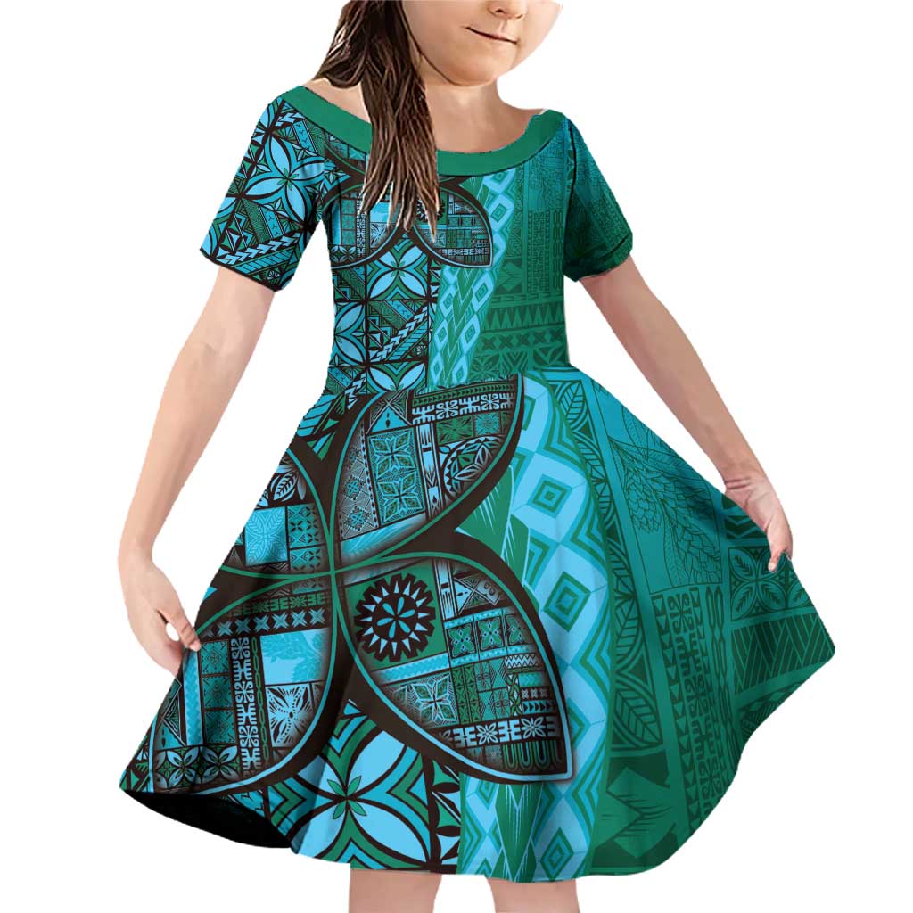Samoan Pacific Tribal Flower Geometric Art Tattoos Family Matching Off Shoulder Short Dress and Hawaiian Shirt Siapo Pattern Turquoise Tide LT03 Daughter's Dress Turquoise - Polynesian Pride