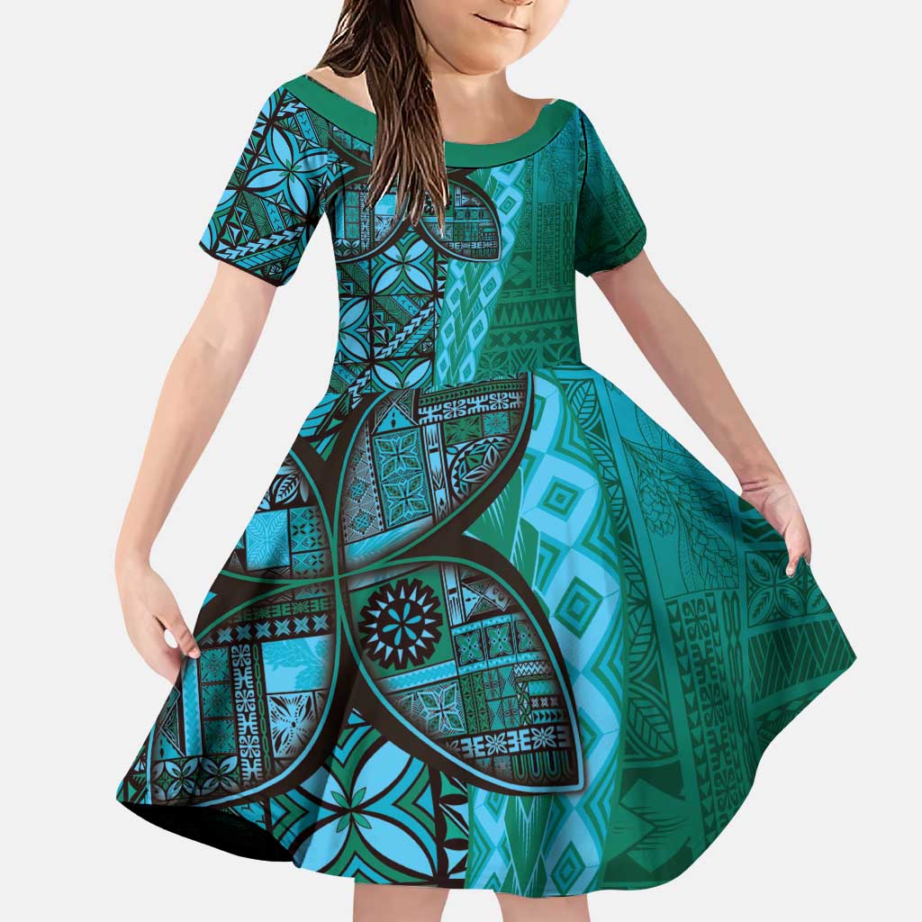 Samoan Pacific Tribal Flower Geometric Art Tattoos Family Matching Puletasi and Hawaiian Shirt Siapo Pattern Turquoise Tide LT03 Daughter's Dress Turquoise - Polynesian Pride