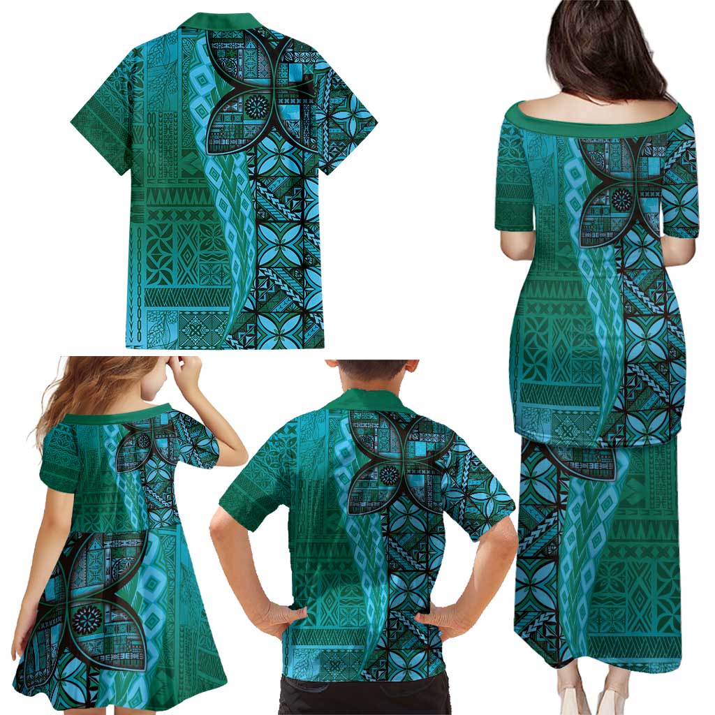 Samoan Pacific Tribal Flower Geometric Art Tattoos Family Matching Puletasi and Hawaiian Shirt Siapo Pattern Turquoise Tide LT03 - Polynesian Pride