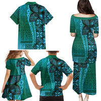 Samoan Pacific Tribal Flower Geometric Art Tattoos Family Matching Puletasi and Hawaiian Shirt Siapo Pattern Turquoise Tide LT03 - Polynesian Pride