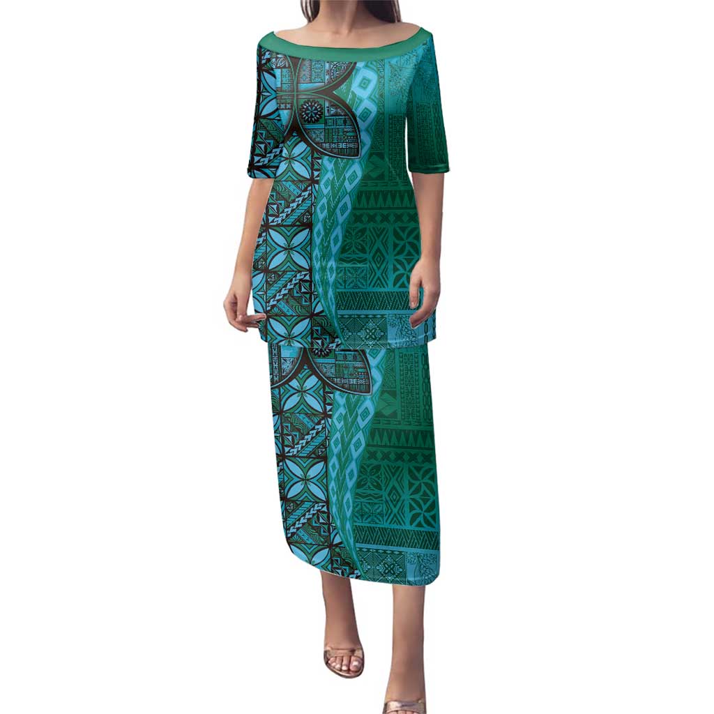 Samoan Pacific Tribal Flower Geometric Art Tattoos Family Matching Puletasi and Hawaiian Shirt Siapo Pattern Turquoise Tide LT03 Mom's Dress Turquoise - Polynesian Pride