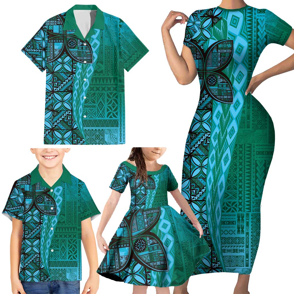 Samoan Pacific Tribal Flower Geometric Art Tattoos Family Matching Short Sleeve Bodycon Dress and Hawaiian Shirt Siapo Pattern Turquoise Tide LT03 - Polynesian Pride