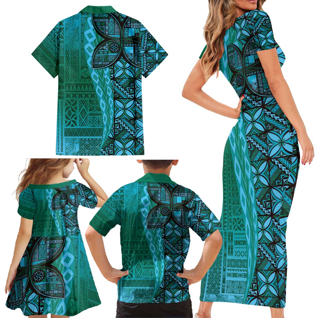 Samoan Pacific Tribal Flower Geometric Art Tattoos Family Matching Short Sleeve Bodycon Dress and Hawaiian Shirt Siapo Pattern Turquoise Tide LT03 - Polynesian Pride