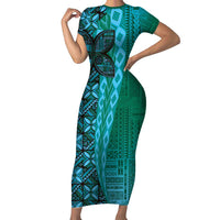Samoan Pacific Tribal Flower Geometric Art Tattoos Family Matching Short Sleeve Bodycon Dress and Hawaiian Shirt Siapo Pattern Turquoise Tide LT03 Mom's Dress Turquoise - Polynesian Pride