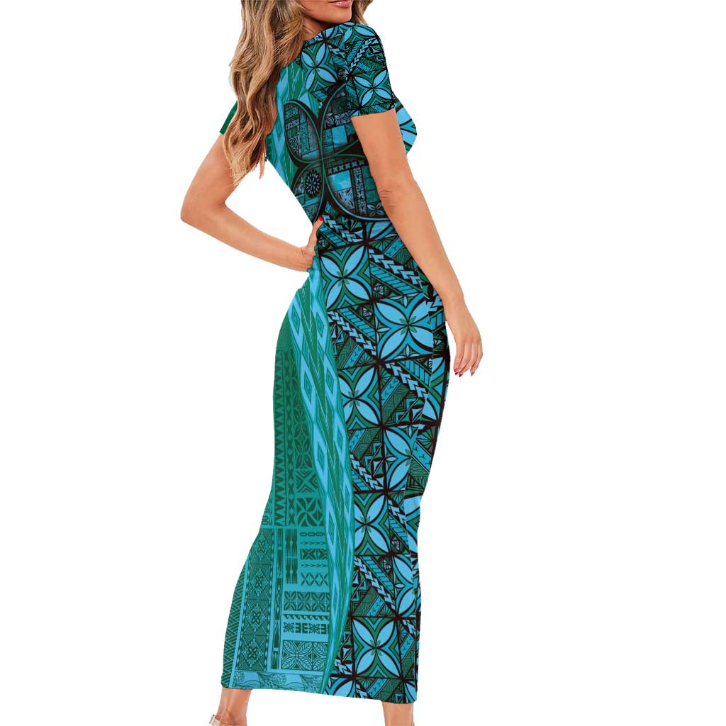 Samoan Pacific Tribal Flower Geometric Art Tattoos Family Matching Short Sleeve Bodycon Dress and Hawaiian Shirt Siapo Pattern Turquoise Tide LT03 - Polynesian Pride