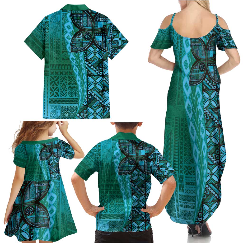 Samoan Pacific Tribal Flower Geometric Art Tattoos Family Matching Summer Maxi Dress and Hawaiian Shirt Siapo Pattern Turquoise Tide LT03 - Polynesian Pride