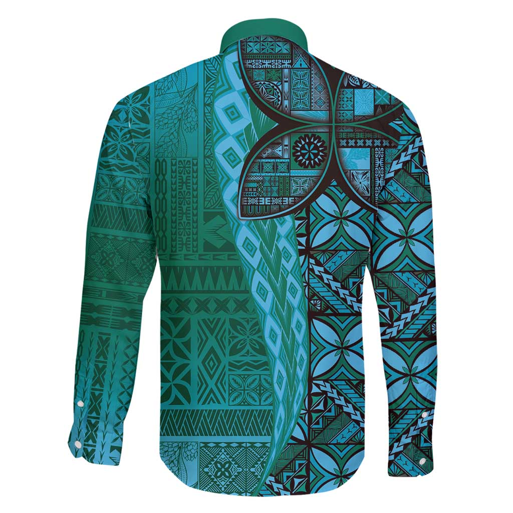 Samoan Pacific Tribal Flower Geometric Art Tattoos Family Matching Summer Maxi Dress and Hawaiian Shirt Siapo Pattern Turquoise Tide LT03 - Polynesian Pride