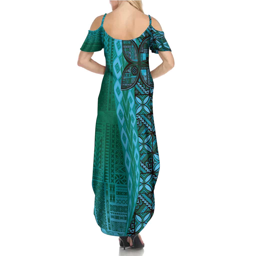 Samoan Pacific Tribal Flower Geometric Art Tattoos Family Matching Summer Maxi Dress and Hawaiian Shirt Siapo Pattern Turquoise Tide LT03 - Polynesian Pride