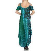 Samoan Pacific Tribal Flower Geometric Art Tattoos Family Matching Summer Maxi Dress and Hawaiian Shirt Siapo Pattern Turquoise Tide LT03 - Polynesian Pride
