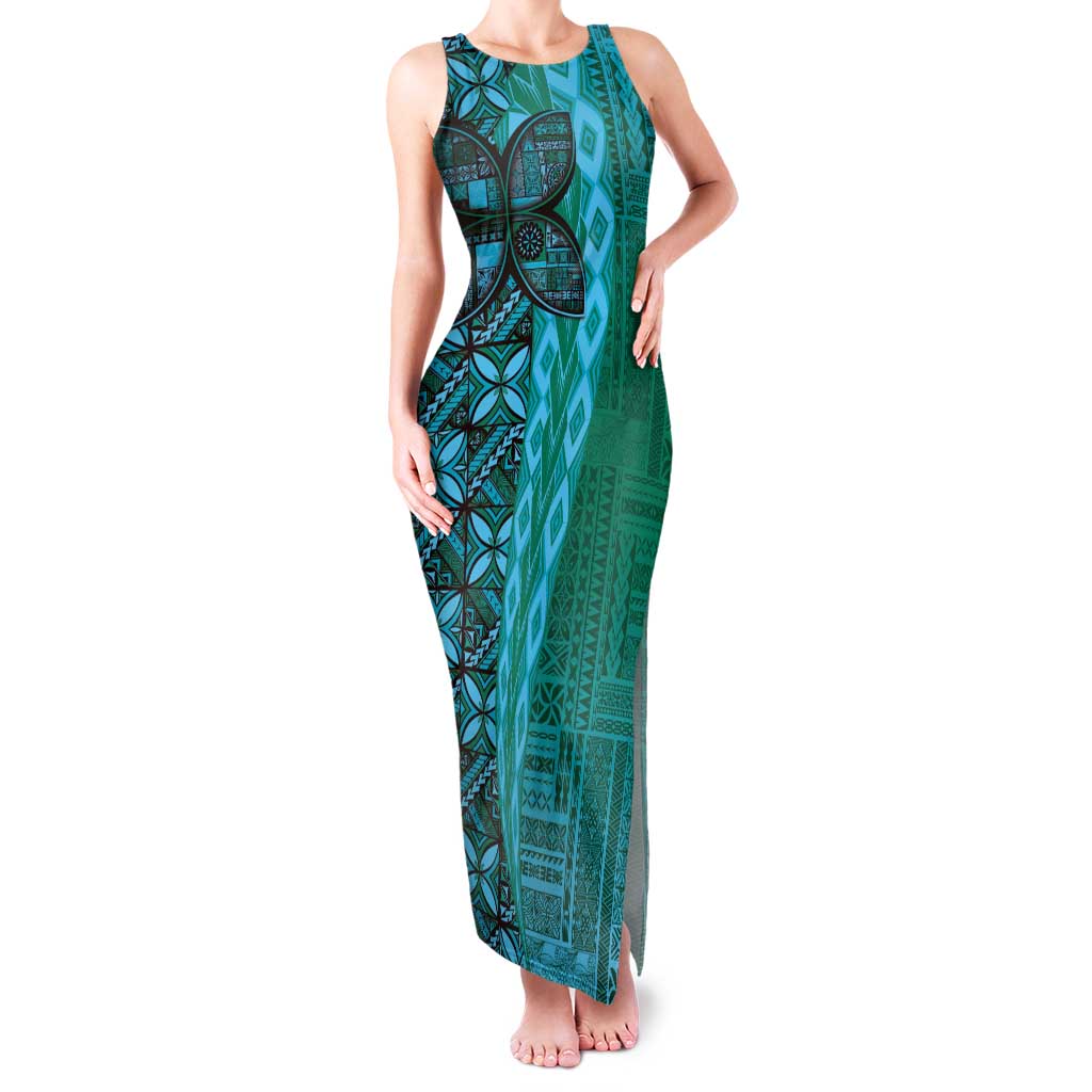 Samoan Pacific Tribal Flower Geometric Art Tattoos Family Matching Tank Maxi Dress and Hawaiian Shirt Siapo Pattern Turquoise Tide LT03 Mom's Dress Turquoise - Polynesian Pride