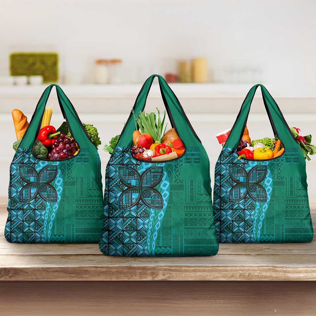 Samoan Pacific Tribal Flower Geometric Art Tattoos Grocery Bag Siapo Pattern Turquoise Tide - Polynesian Pride