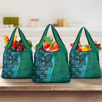 Samoan Pacific Tribal Flower Geometric Art Tattoos Grocery Bag Siapo Pattern Turquoise Tide - Polynesian Pride