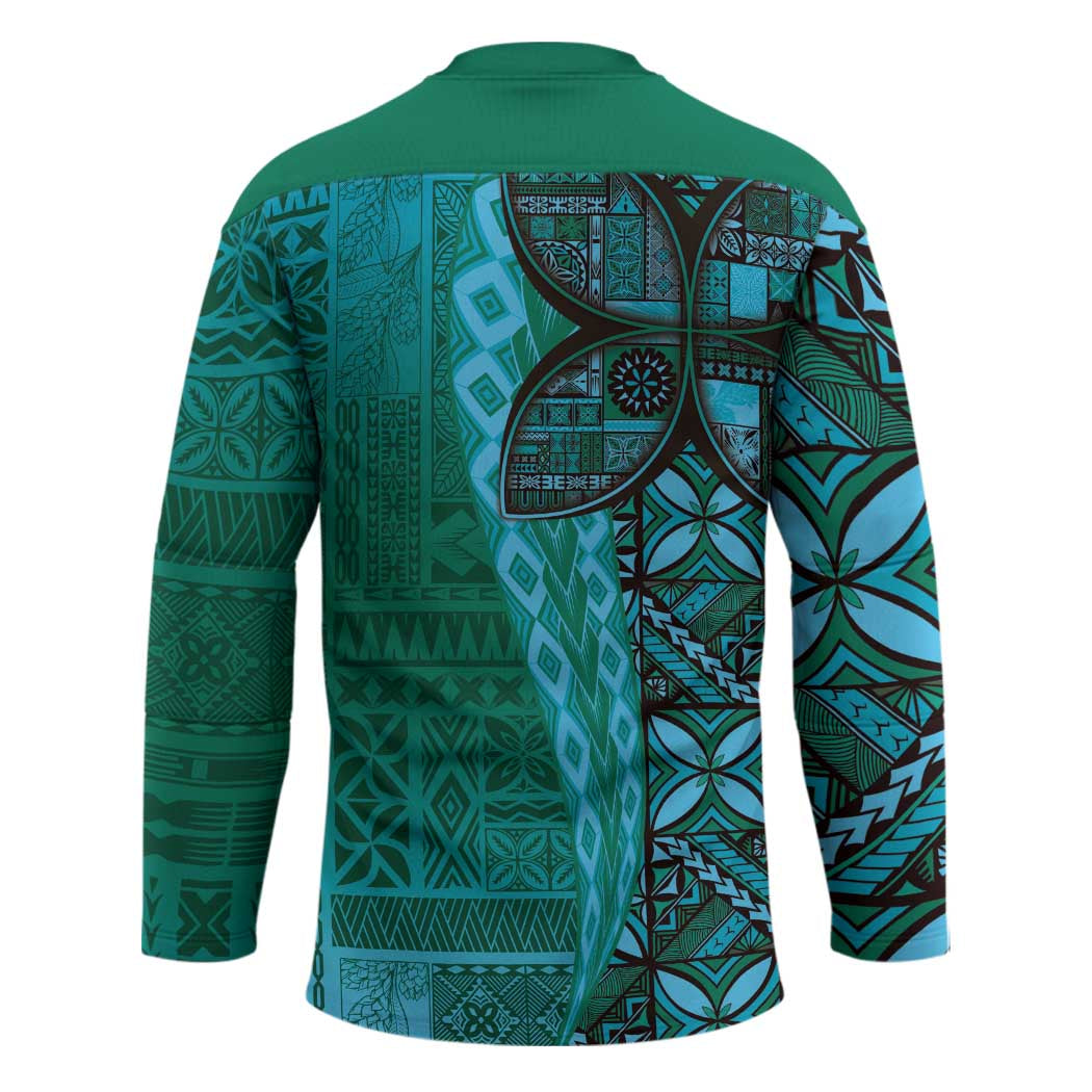 Samoan Pacific Tribal Flower Geometric Art Tattoos Hockey Jersey Siapo Pattern Turquoise Tide - Polynesian Pride