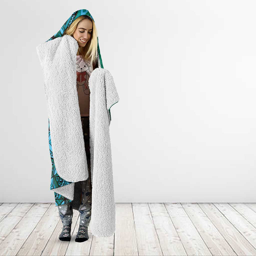 Samoan Pacific Tribal Flower Geometric Art Tattoos Hooded Blanket Siapo Pattern Turquoise Tide - Polynesian Pride