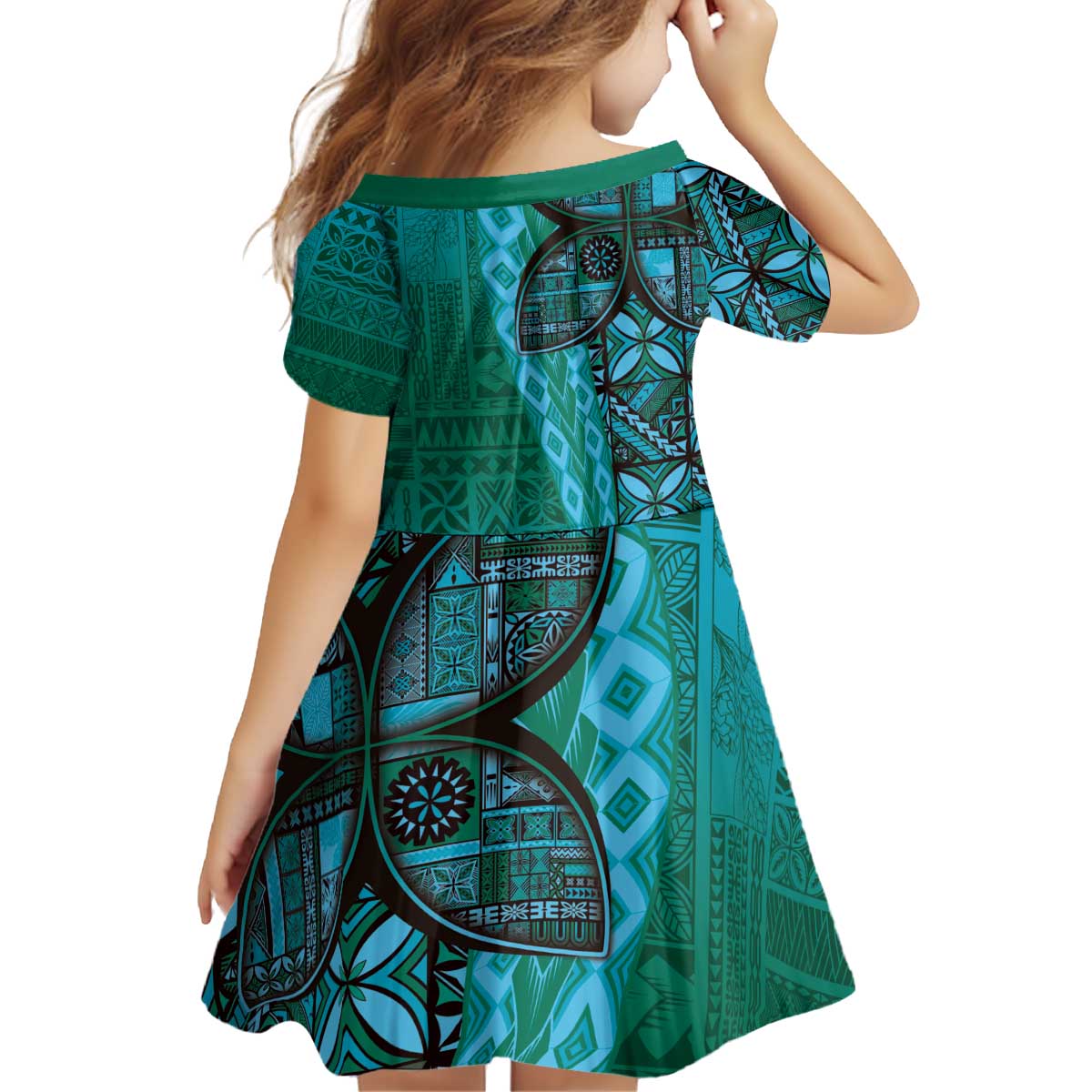 Samoan Pacific Tribal Flower Geometric Art Tattoos Kid Short Sleeve Dress Siapo Pattern Turquoise Tide - Polynesian Pride