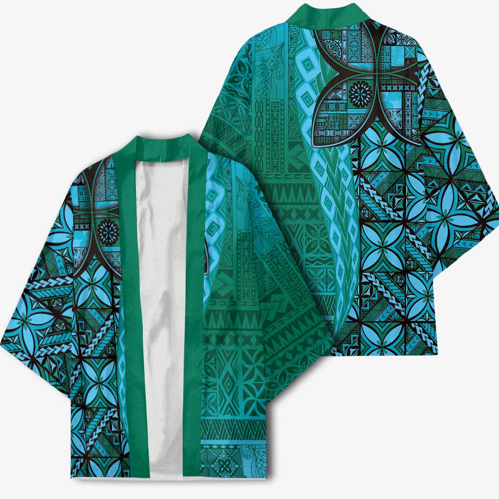 Samoan Pacific Tribal Flower Geometric Art Tattoos Kimono Siapo Pattern Turquoise Tide - Polynesian Pride