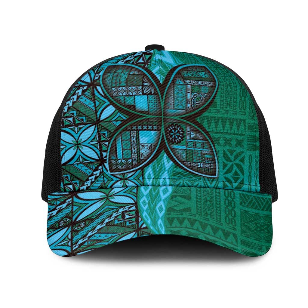 Samoan Pacific Tribal Flower Geometric Art Tattoos Mesh Trucker Cap Siapo Pattern Turquoise Tide - Polynesian Pride