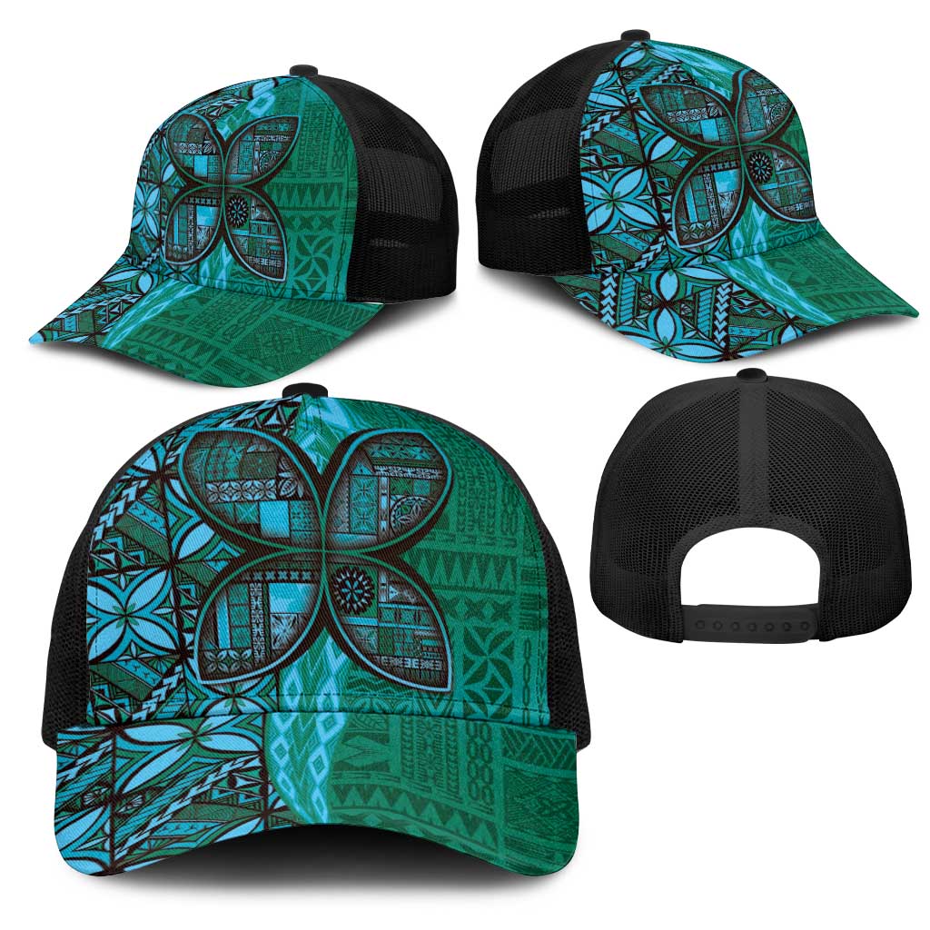 Samoan Pacific Tribal Flower Geometric Art Tattoos Mesh Trucker Cap Siapo Pattern Turquoise Tide - Polynesian Pride