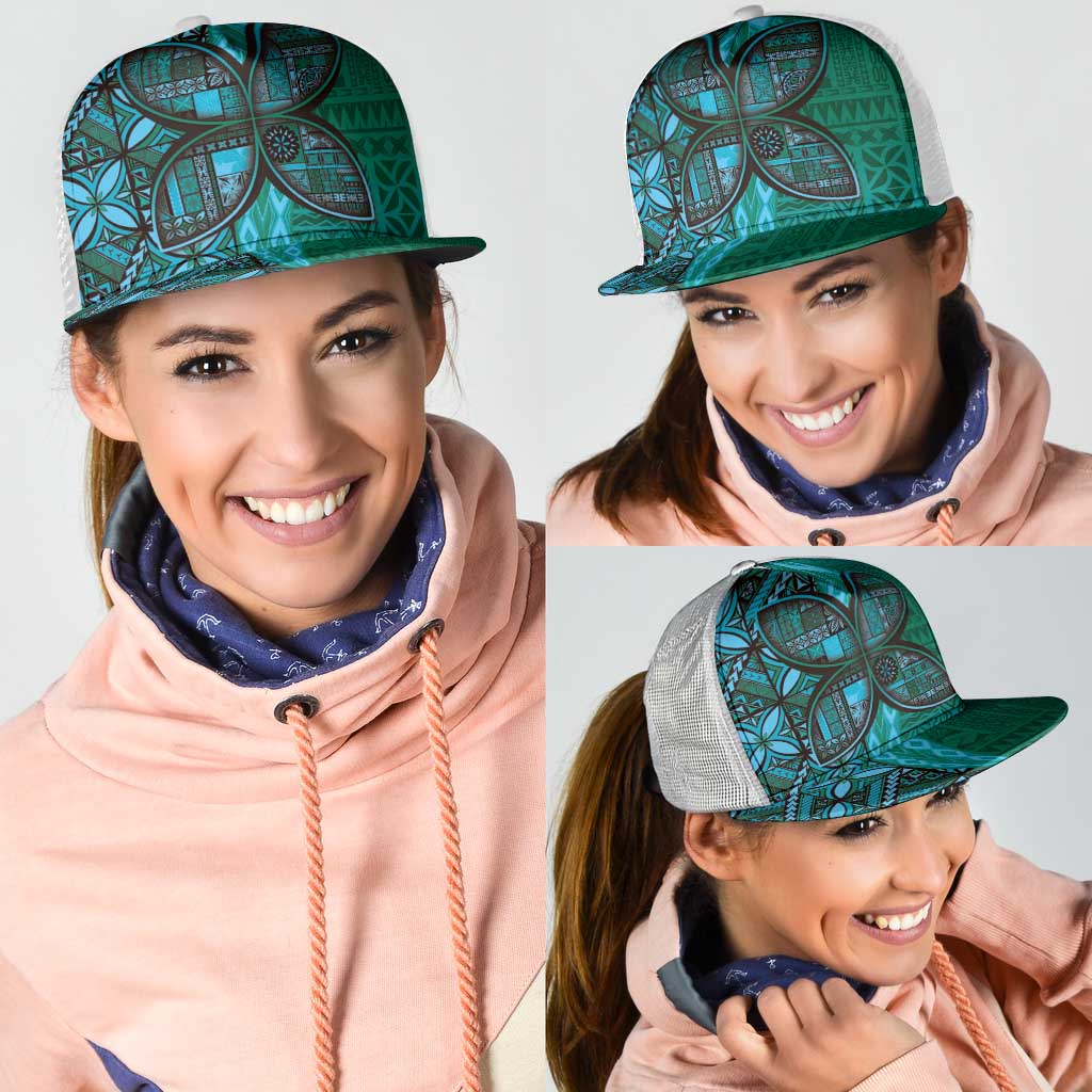 Samoan Pacific Tribal Flower Geometric Art Tattoos Mesh Trucker Cap Siapo Pattern Turquoise Tide - Polynesian Pride