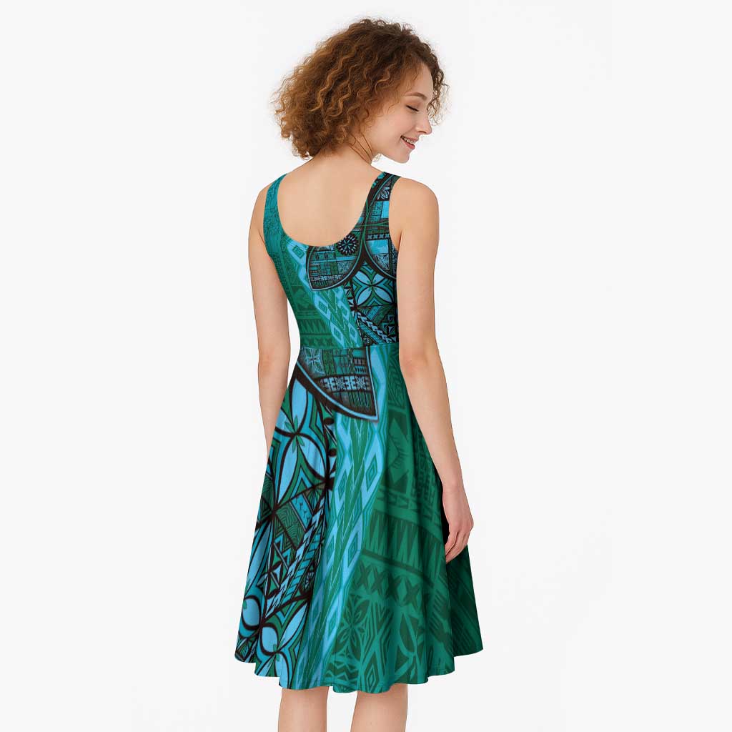 Samoan Pacific Tribal Flower Geometric Art Tattoos Midi Dress Siapo Pattern Turquoise Tide - Polynesian Pride