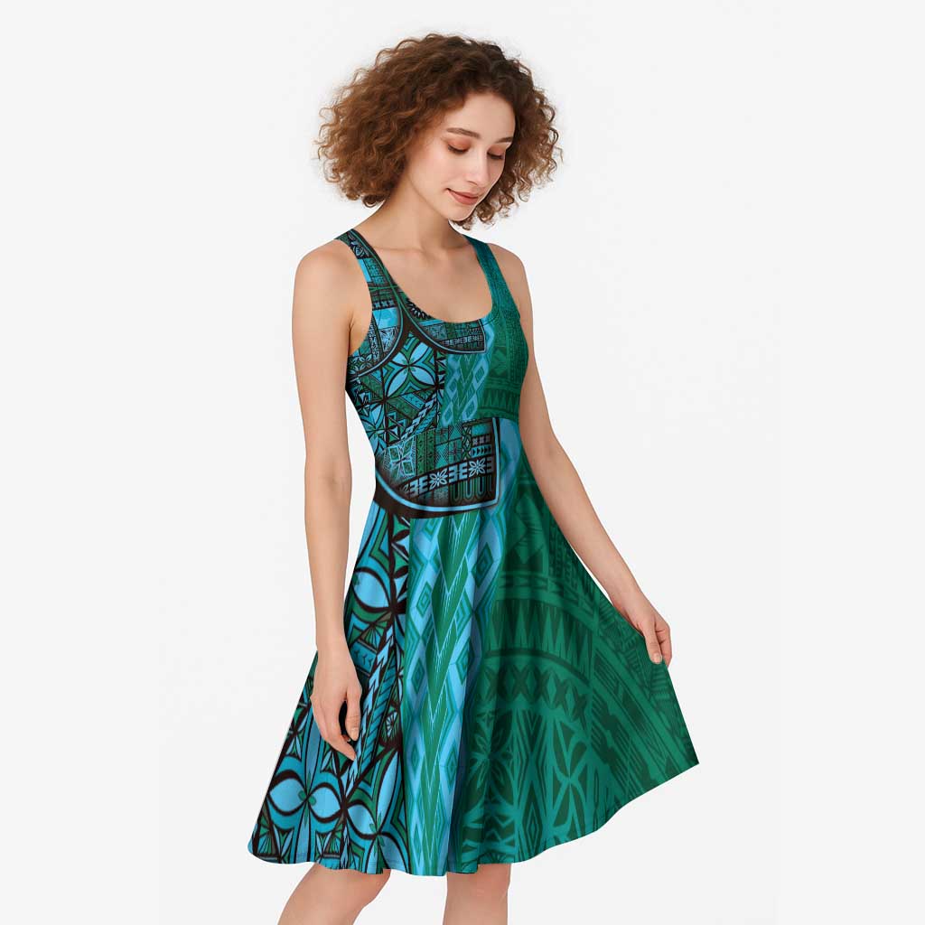 Samoan Pacific Tribal Flower Geometric Art Tattoos Midi Dress Siapo Pattern Turquoise Tide - Polynesian Pride